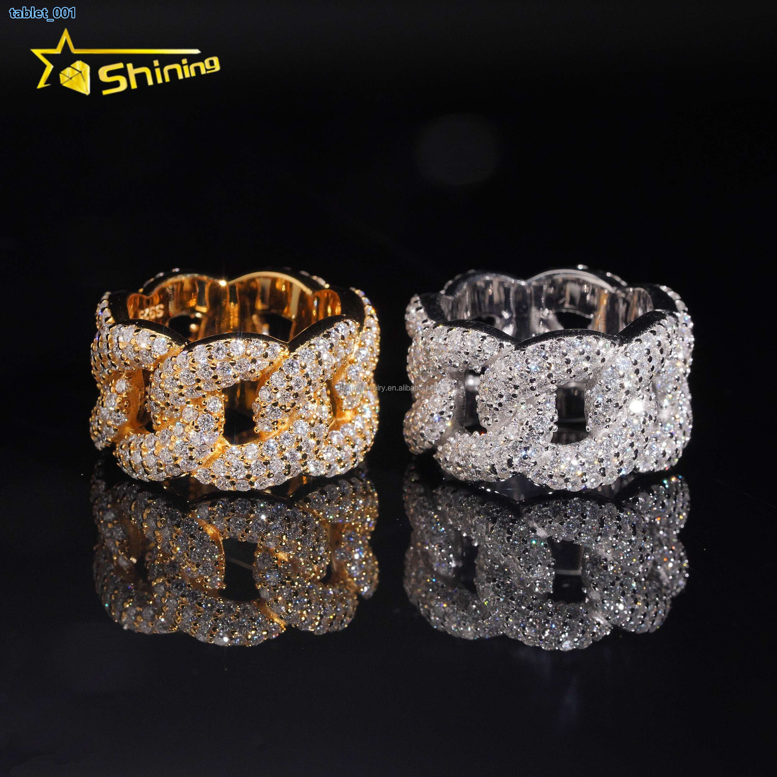 3Row Stones Moon Shape Fire Shining Jewelry Iced Out Man Jewelry Fully 925 Silver FL Moissanite Diamond Miami Cuban Band Ring