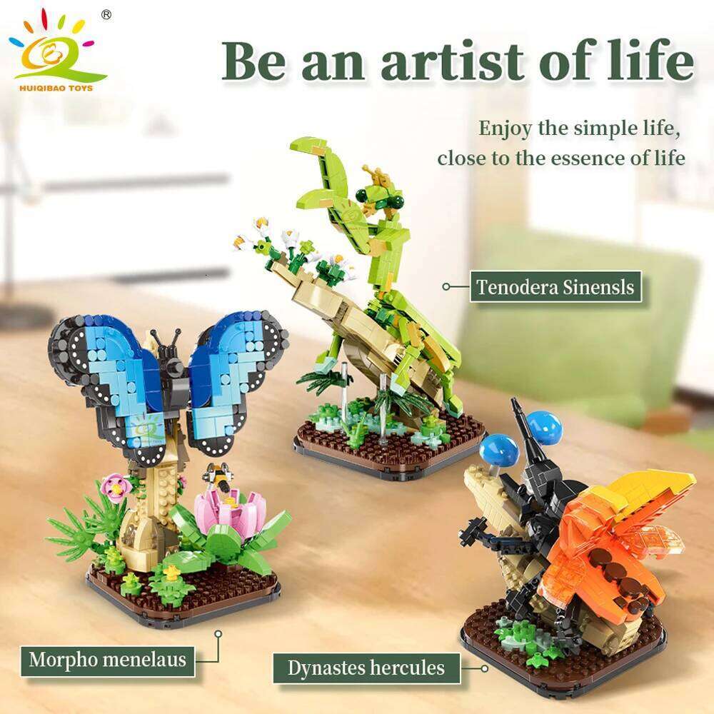 HUIQIBAO Moc Insect Flower Model Building Block Butterfly Plant Decoration City Construction Toy Kids Adult DIY Romantic Gift Z260306