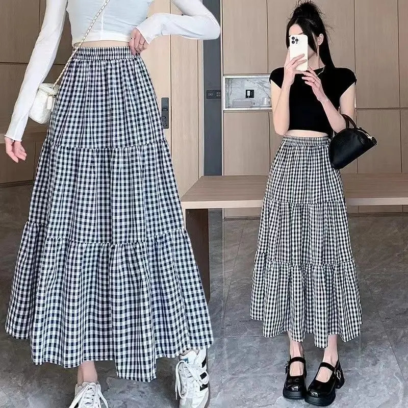 Patchwork Tiered Skirt Women Summer Vintage Checkered High Waisted Elastic Waist Slimming Midi Skir 260306