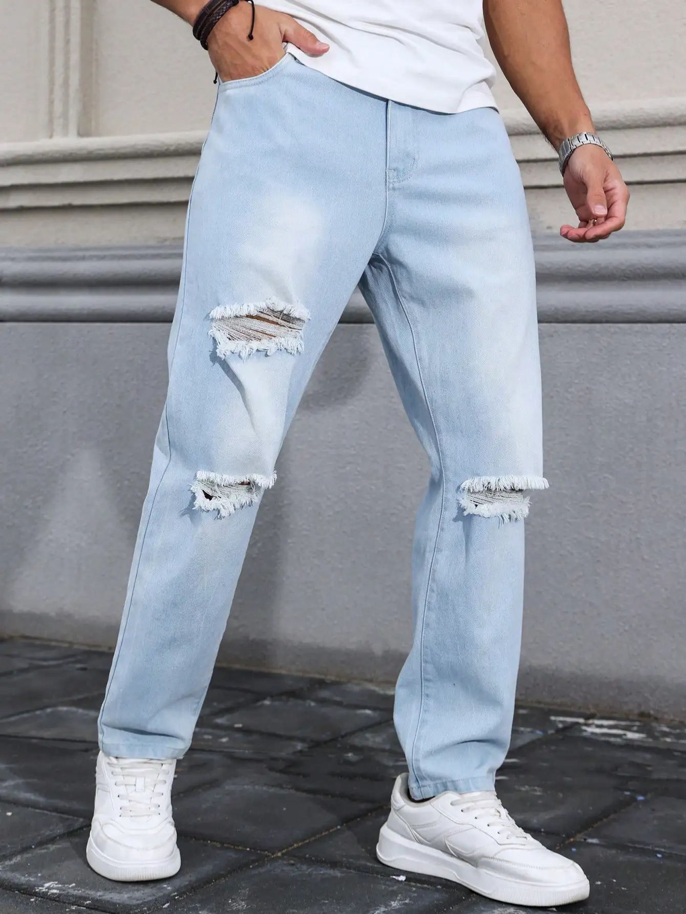 Mens Light Blue Ripped Jeans for Spring and Autumn Casual Denim Trousers Street Daily 260228