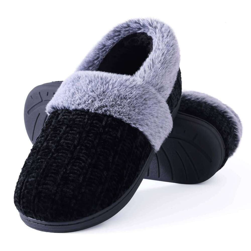 Litfun Winter Furry Women's Memory Foam Closed Back Slides Fur Knit Non-slip Indoor Slide Slip On Warm Outdoor Slippers