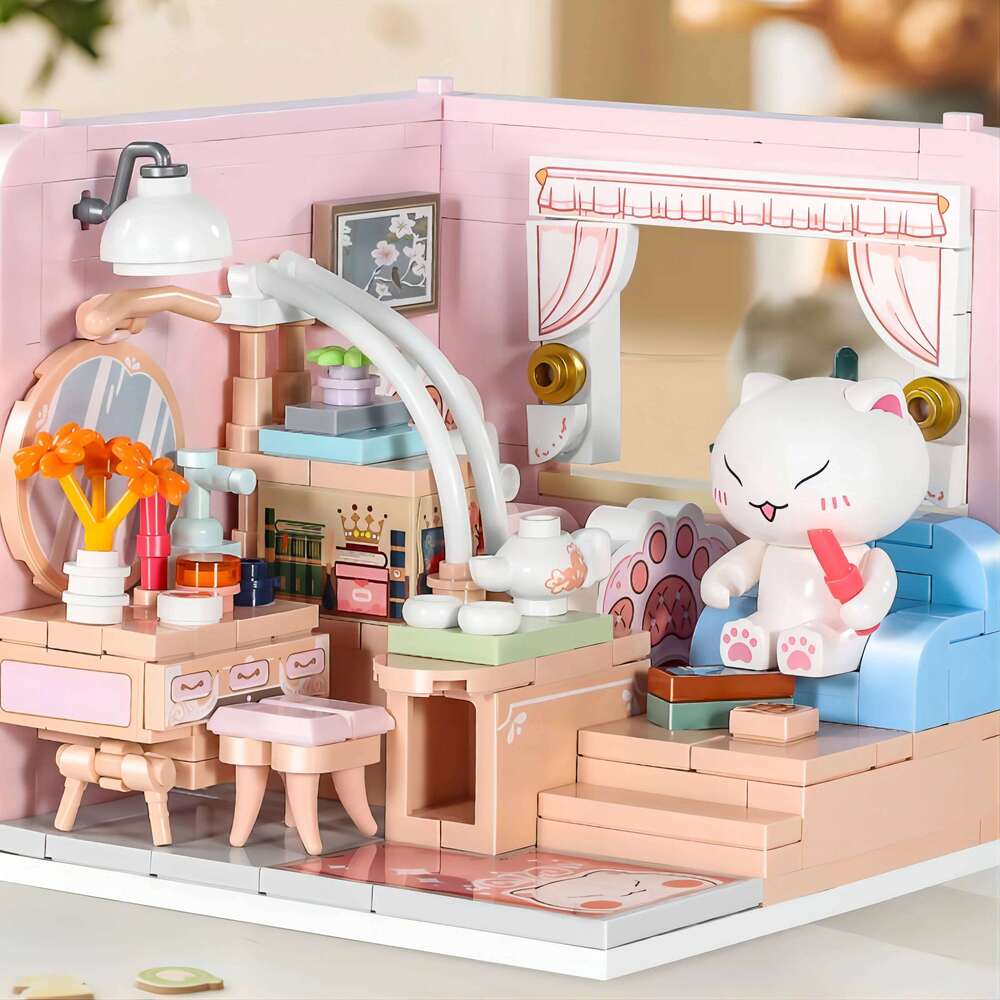 City Street View Creative Kitten House Building Blocks DIY Puzzle Desktop Ornament Cute Toys Bricks Children Birthday Gift Z260305