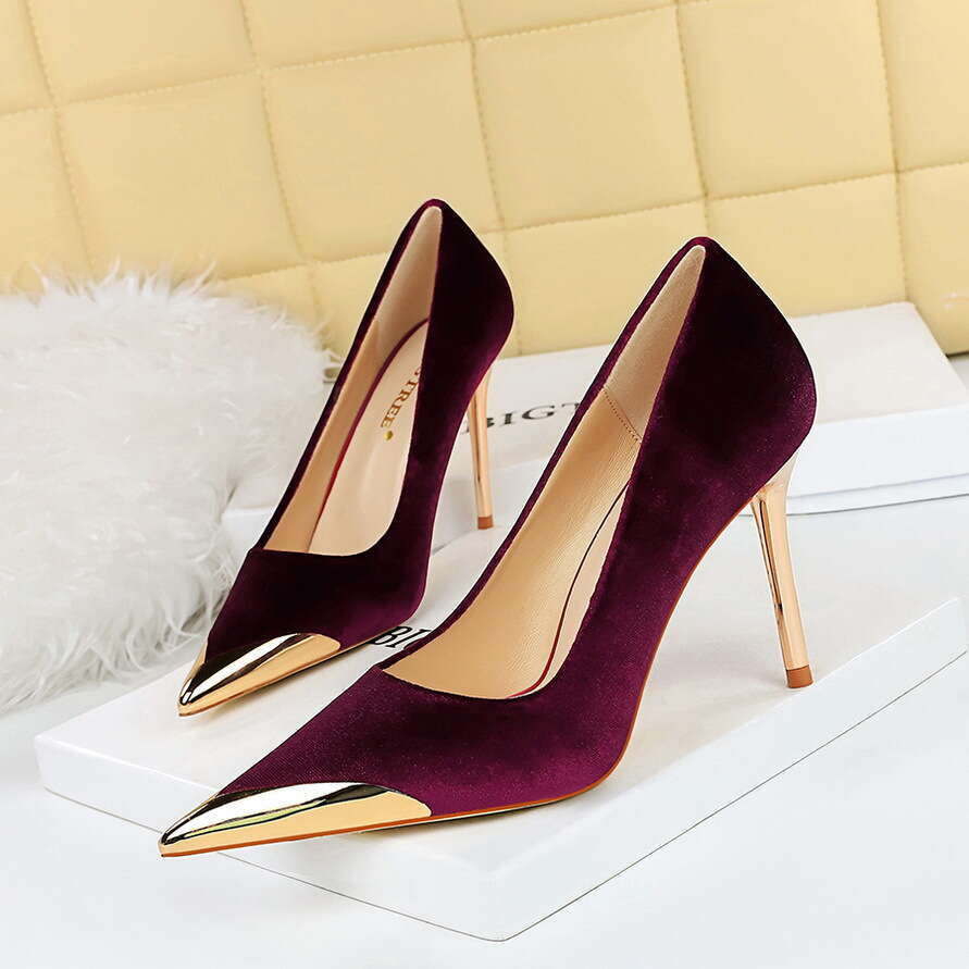 Women European And American Style Banquet Fashion Light Luxury High Heels Stiletto Metal Pointed Suede Women S Shoes