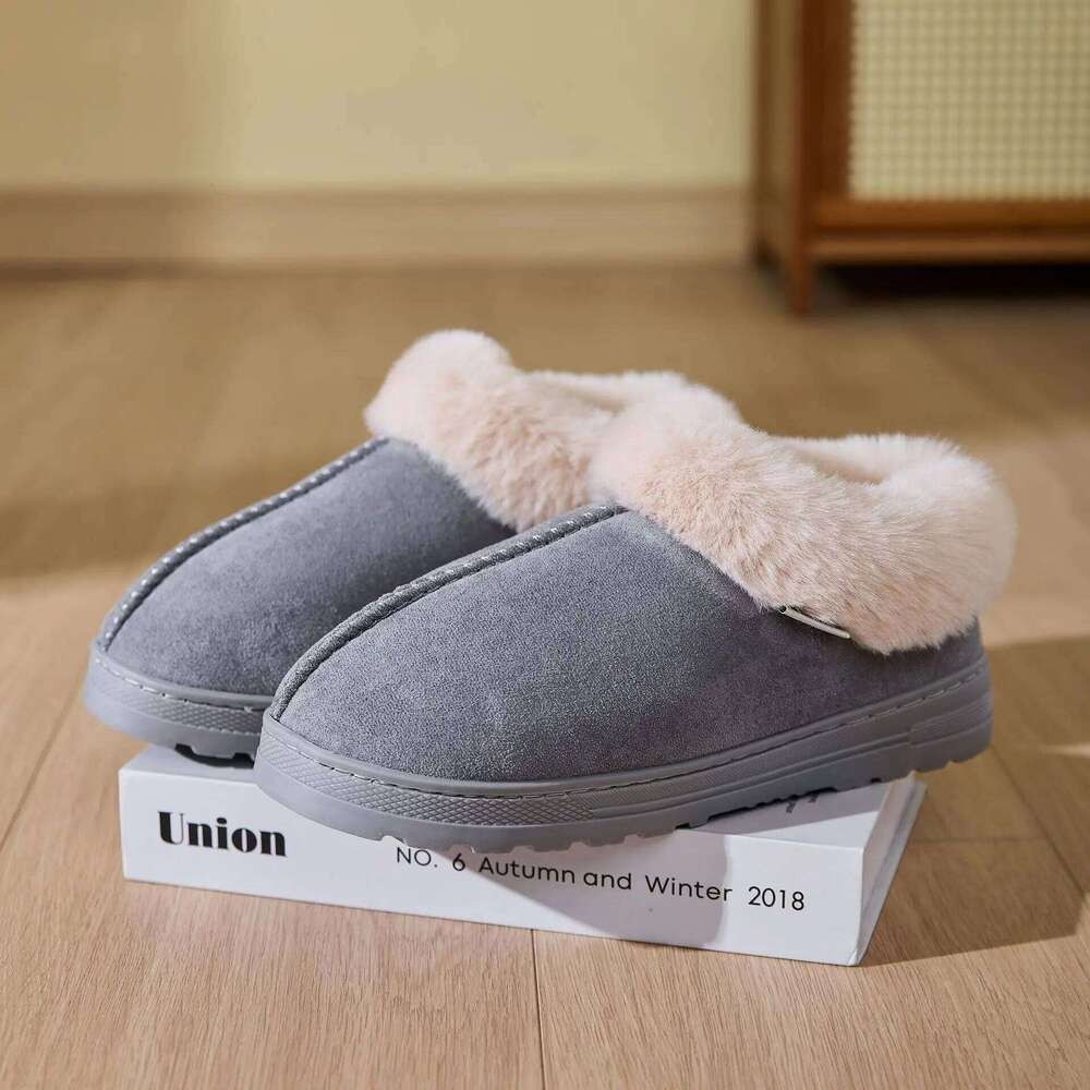 Litfun Winter Fluffy Slippers Warm Plush Indoor Home Flat Slides Outdoor Antiskid Faux Fur Collar Fuzzy Men Cotton Shoes