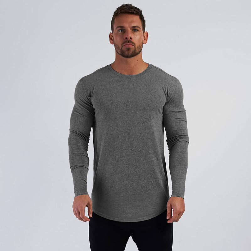 Solid Color Fitness T-Shirt for Men Round Hem Pure Cotton Breathable Slim Fit Sports Long Sleeve Autumn Winter Fashion Trend Base Shirt