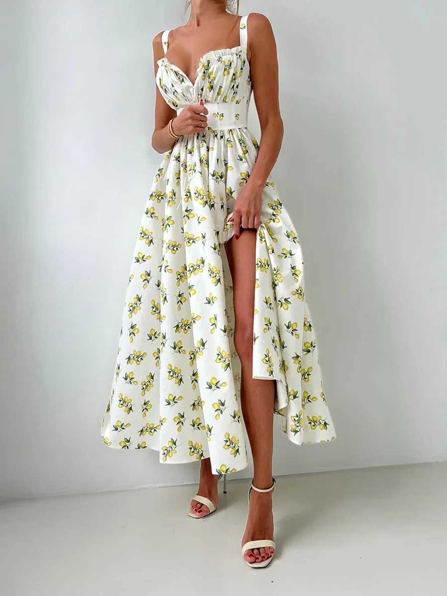 Wolfeel 2025 Summer New Fashion Print Cami Dress Women High Waist Slit Maxi Dress Elegant Vacation Long Dress X260306