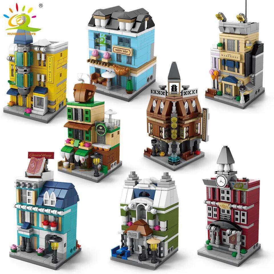 HUIQIBAO Moc Architecture Street View Building Blocks coffee Store Restaurant Room Children City Construction Brick Toy Set Gift Z260306