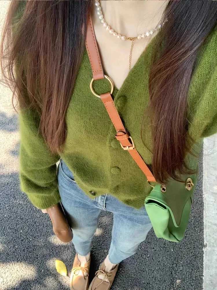 Spring Autumn Vintage Green Knitted Sweater Womens Lazy Style Single Breasted Cardigan Coat Soft V-neck Long Sleeved Top M260306