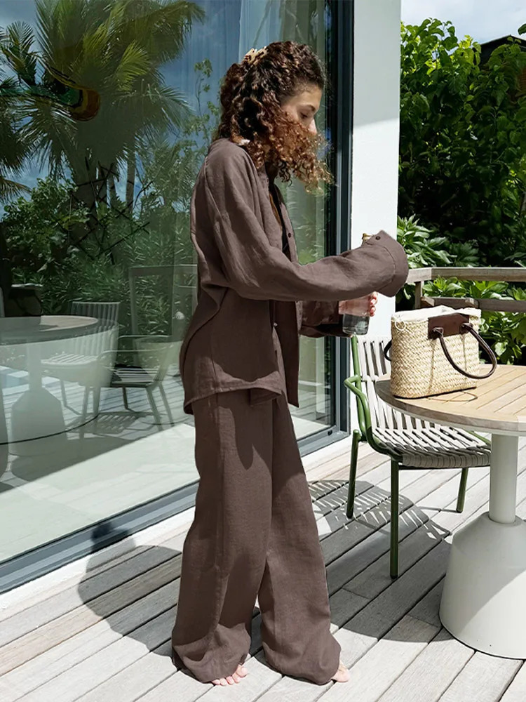 Cotton Linen Womens Pant Set Casual Loose Solid Buttons Shirt Pants Outfit Summer Lady Daily Chic Loose Trousers Suit 260305