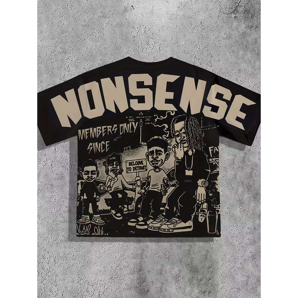 Cross-Border Temu Hot Sale Men's Summer Black Street Style Urban Art Loose Breathable Printed T-Shirt
