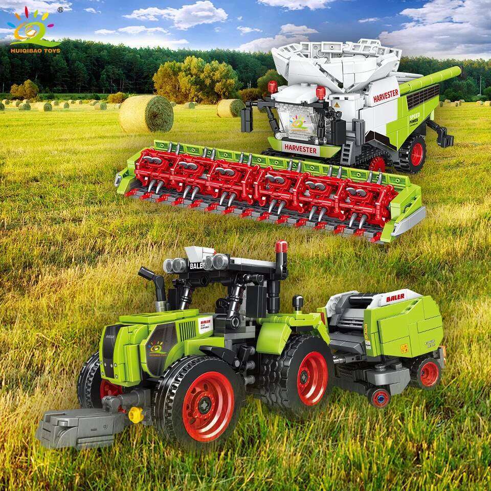 HUIQIBAO Farmer Truck model Building Block Tractor Cultivator Harvester Vehicle MOC Car Brick City Construction Toy For Children Z260306