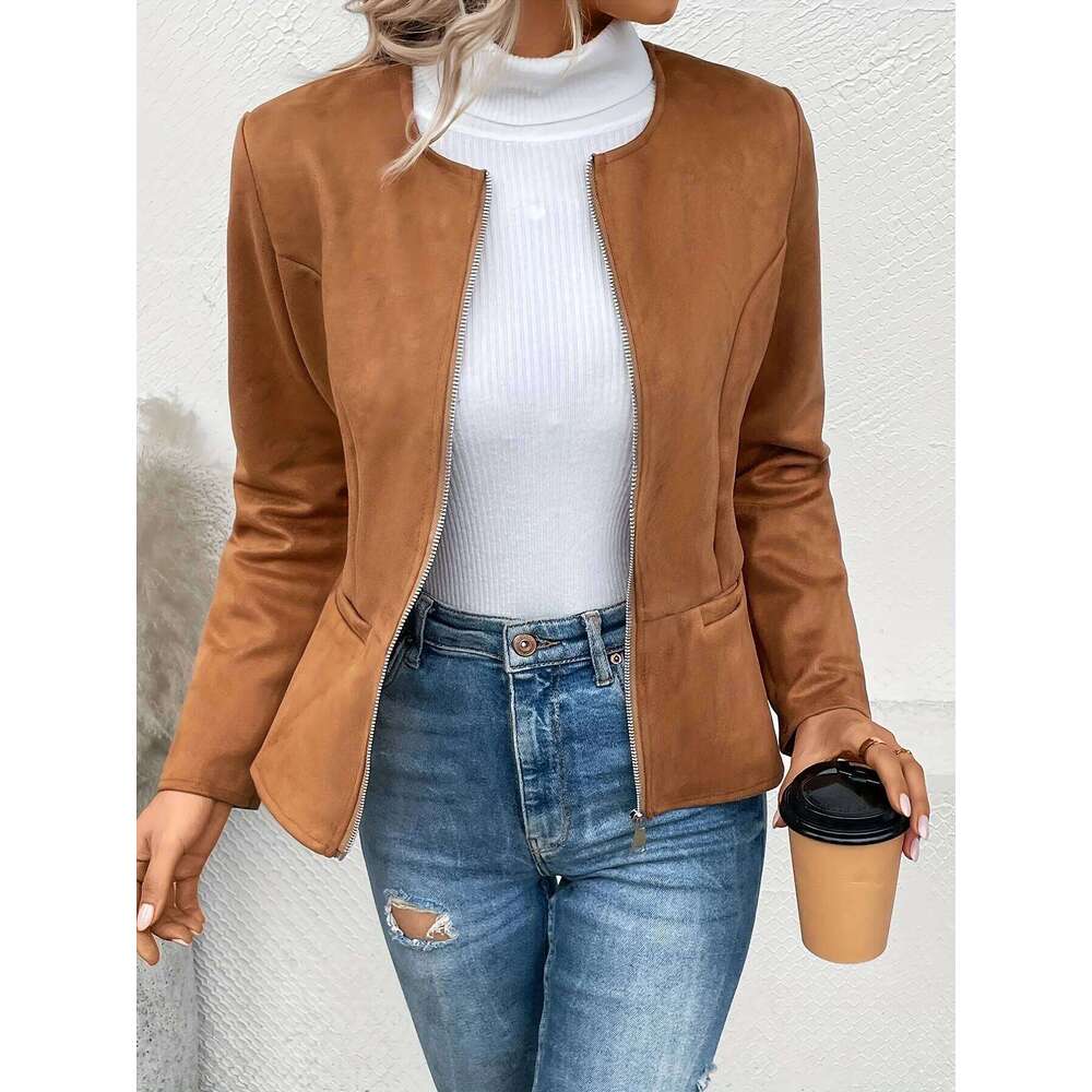 Women's Fashion Round Neck Slim Fit Top Long sleeved Access Control Zipper Cardigan Short Jacket