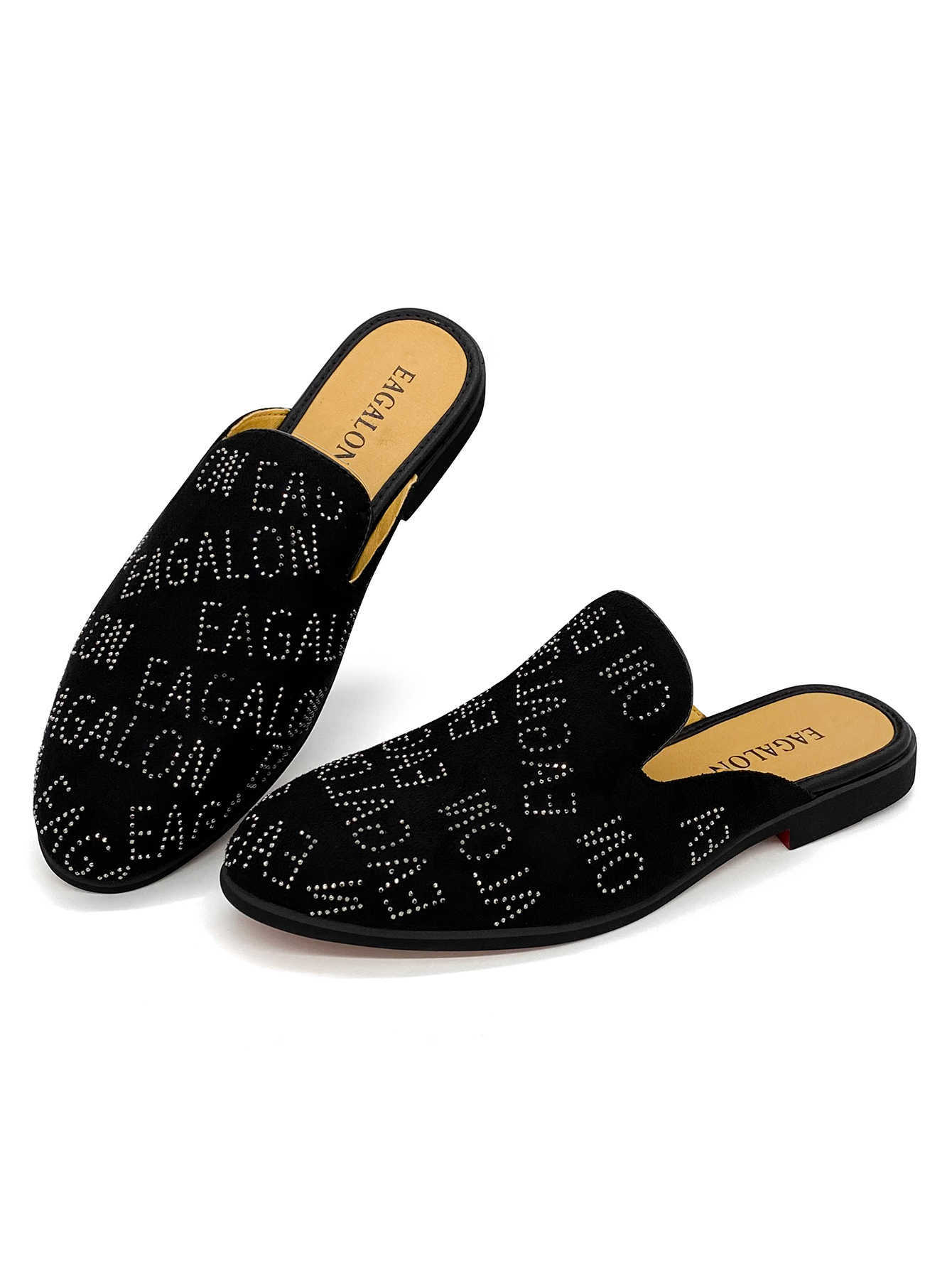 Men's Black Velvet Mules with Rhinestone Letter Pattern Backless Slip-On Loafers Fashion Streetwear Slippers