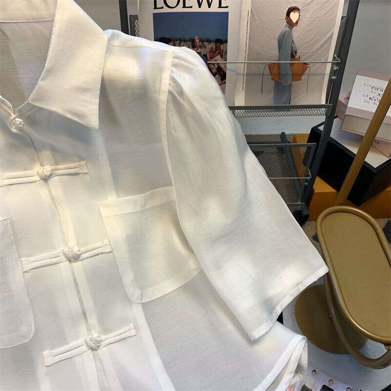 Summer Loose Pure Color Women's irt f Sve Button up Ne Design Casual Versatile Top for Office And Commute New Chinese Style frog button