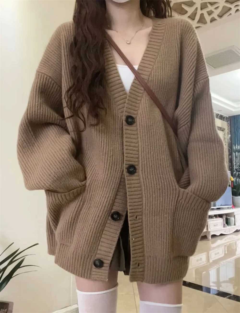 Gray Knitting Cardigans Women Autumn Winter Thicken Warm Loose Sweater Coats Female Korean Oversized Buttons Cardigan ZY8645 M260306