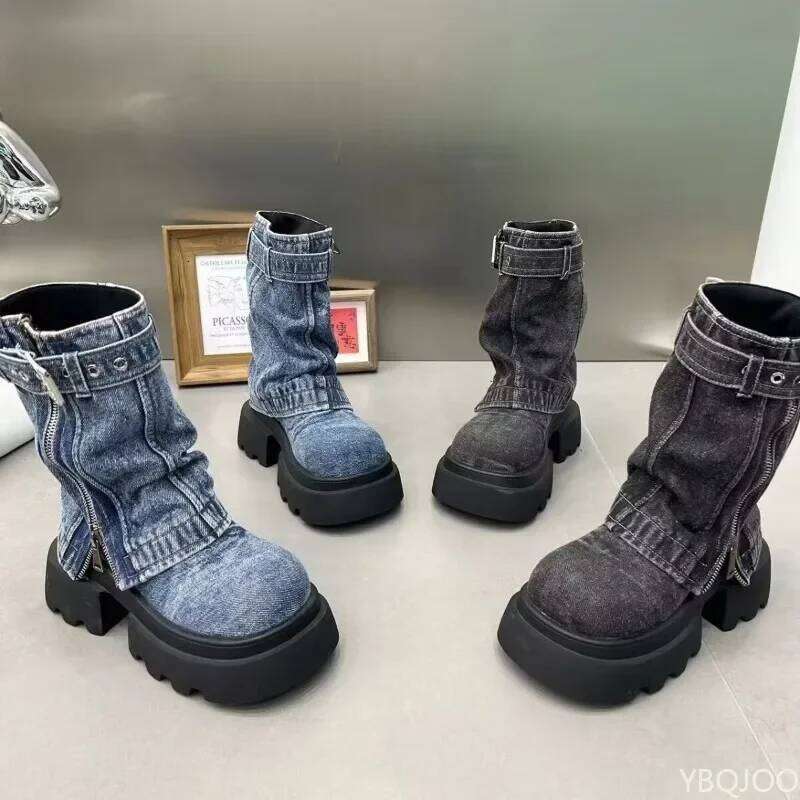 Spring and Autumn Fashion New Denim Thick Bottom Tall Short Belt Buckle Zipper Fake Two Piece Pants Women's Boots