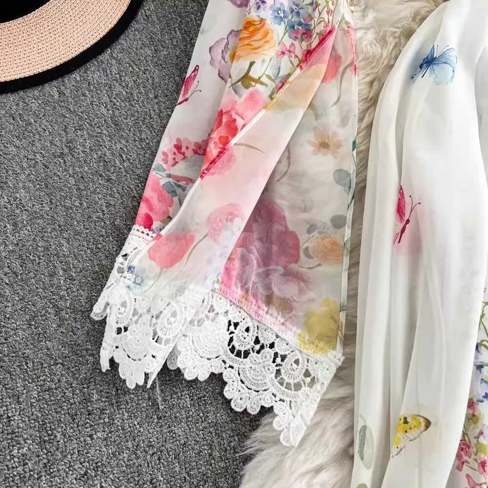 Elegant Floral Long Maxi Dresses Women 2025 Spring Summer Holiday Flare Full Sleeve Print Lace Deep V Neck Evening Party Vestido X260306