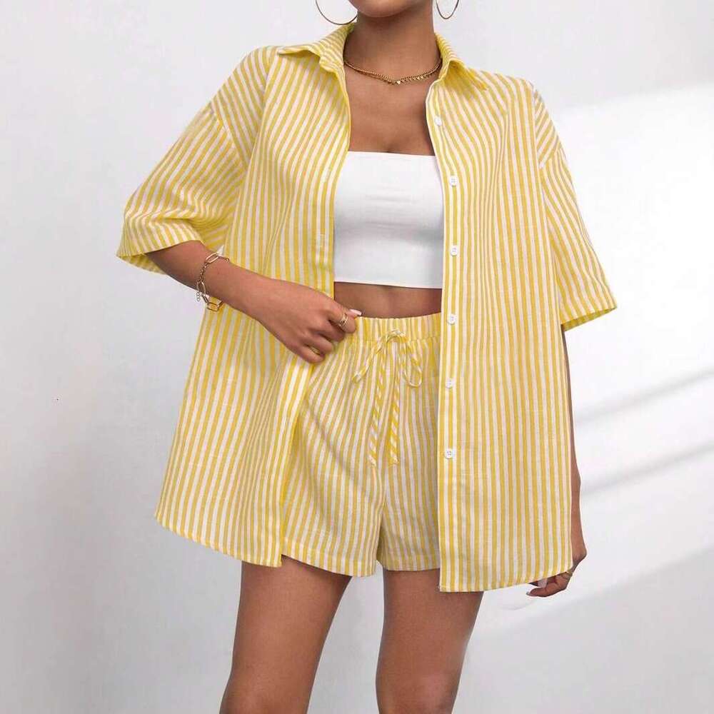 Spring summer cross-border European American women's clothing, new fashion striped short-sleeve shirt with collar and shorts casual two-piece set