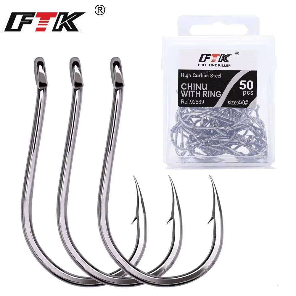 FTK 50-100PCS High Carbon Steel CHINU Fishing Hooks With Ring 5/0#-7# Freshwater Carp Fishhook Barbed Catfish Anzol Peche Tackle S260305
