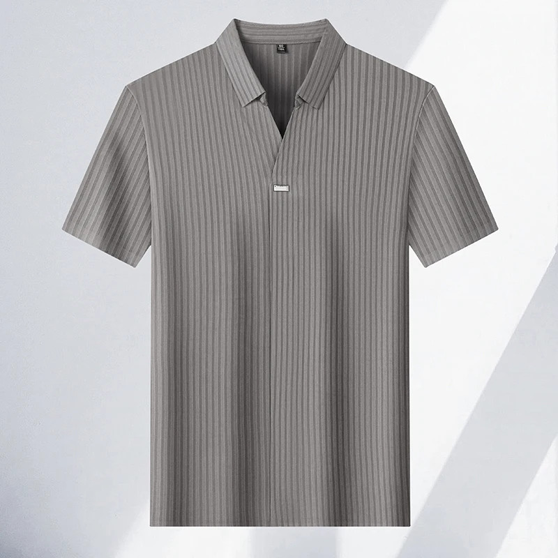 High quality personality texture stripe short sleeve polo shirt summer ice silk breathable buttonless mens solid color T-shirt 260304