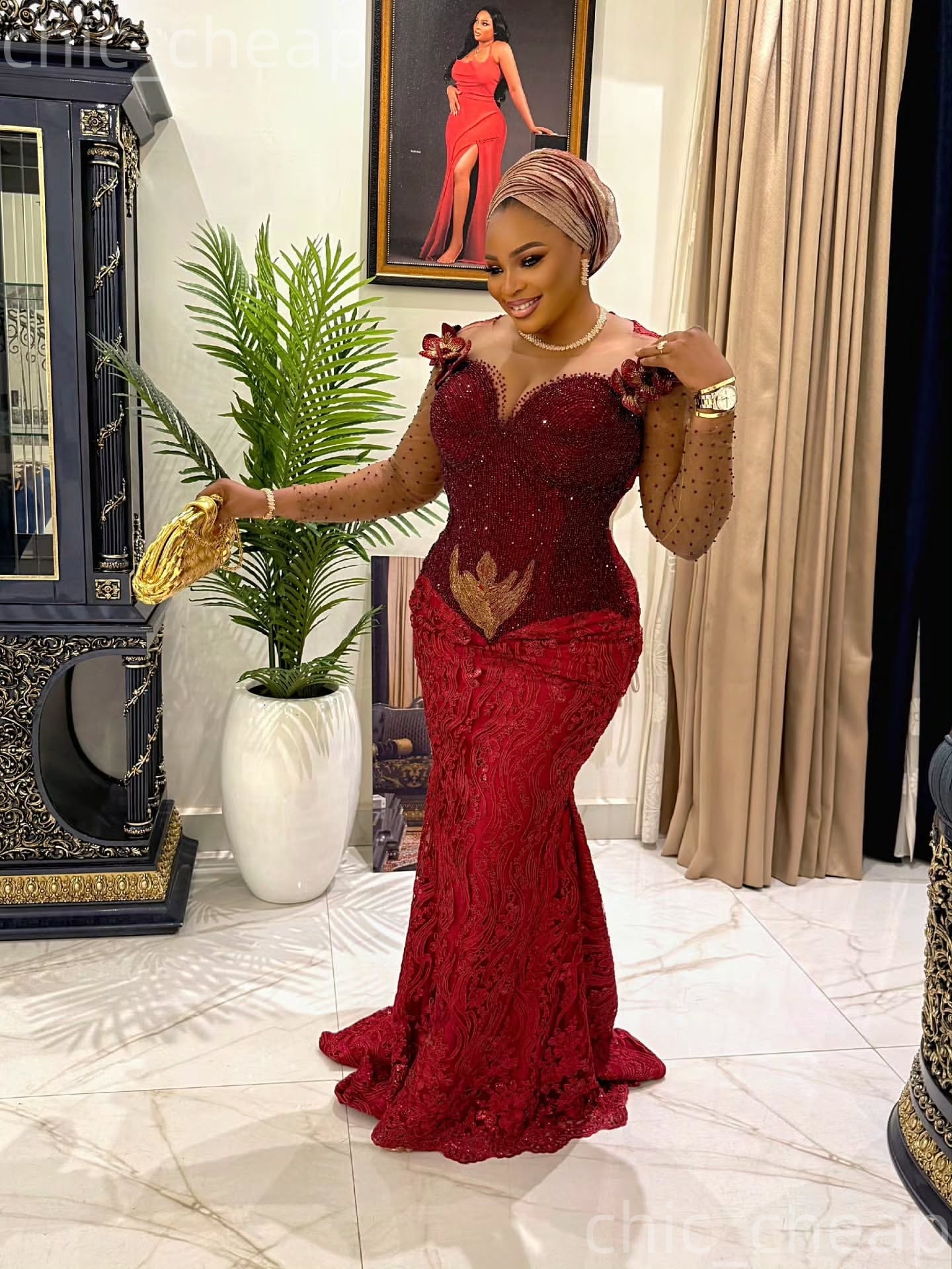 Aso Ebi Dark Red Prom Dress 2026 Mermaid Prom Dress Beaded Flowers Sheer Neck Evening Dresses For Black Women Birthday Party Formal Receiption Gowns D