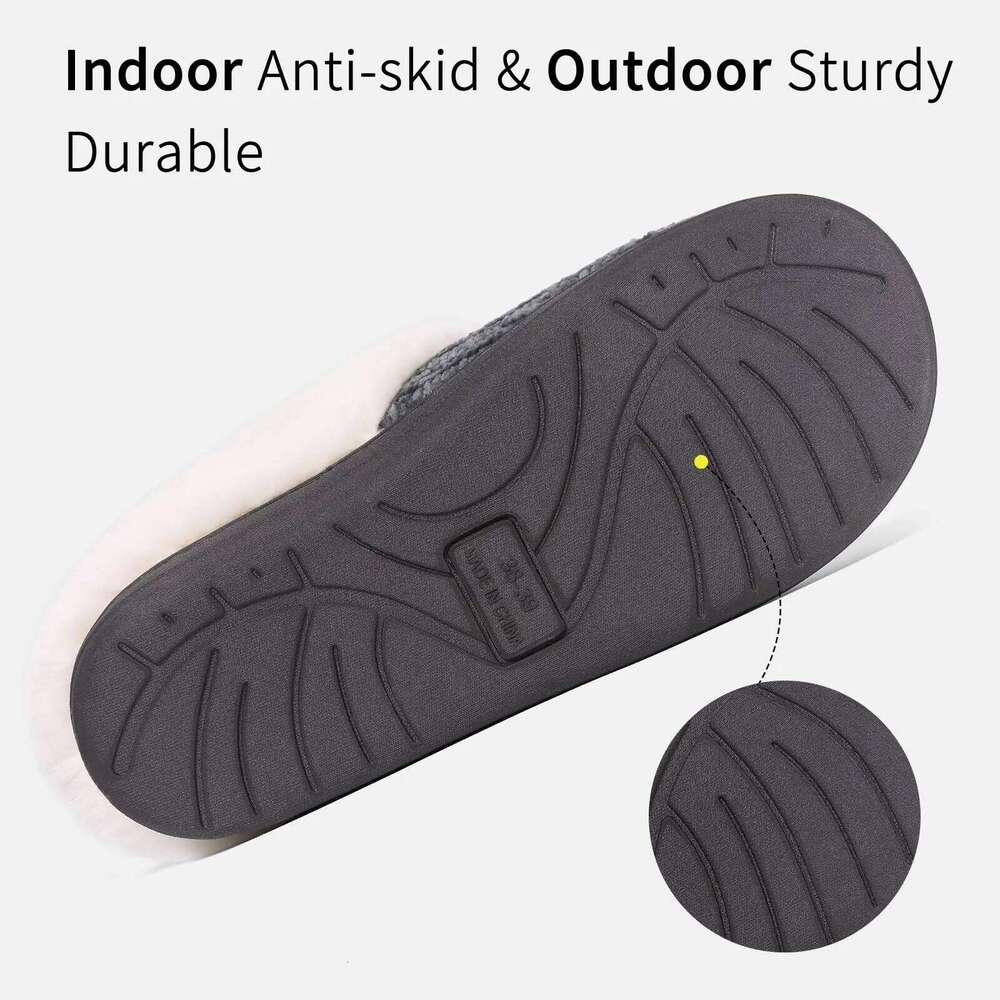 Litfun Winter Furry Slip On Wool-Like Lined Cozy Home Slides Memory Foam Chenille Warm Outdoor Women's Slippers