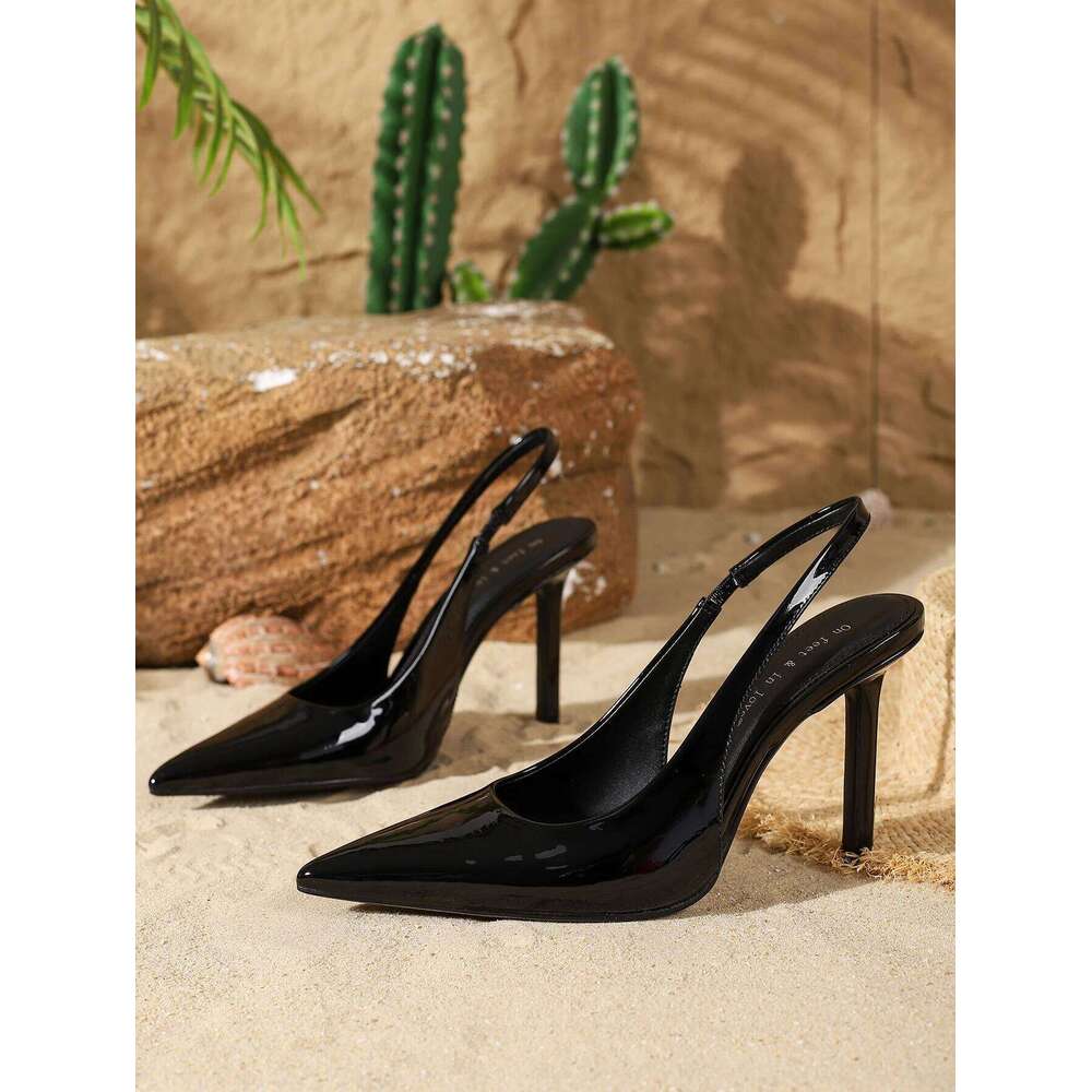 Black Patent Leather Pointed-Toe Slingback Stilettos