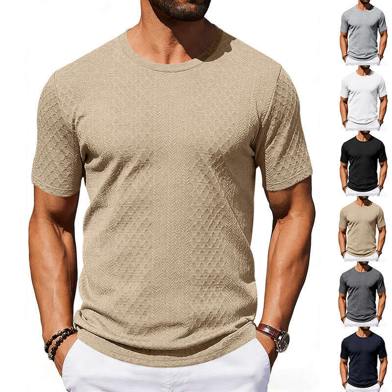 Cross-border Amazon Tiktok Summer New Men's Jacquard Textured T-shirt Casual Loose Solid Color Round Neck Short Sleeve