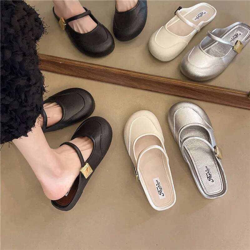 Womens Soft Bottom Mary Jane Summer Comfortable Flat Sandals Square Toe PVC Beach Shoes Pure Color Retro French Lazy Shoe