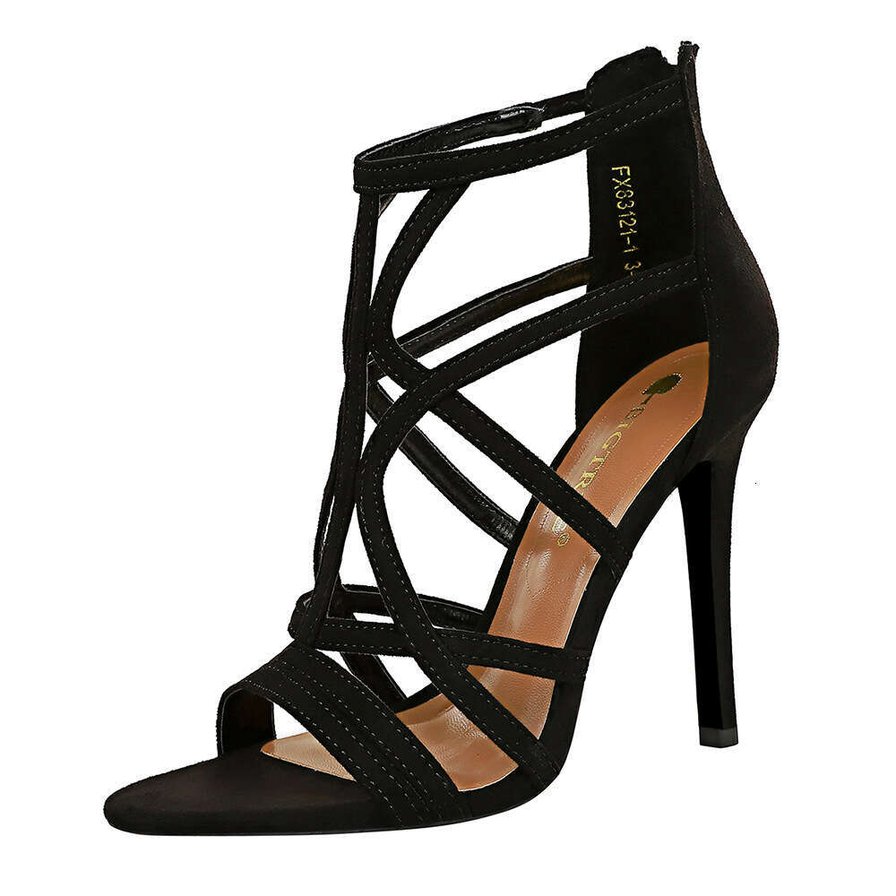 European And American Roman Style Stiletto Ultra Suede Hollow Sexy Nightclub Sandals Summer High Heels