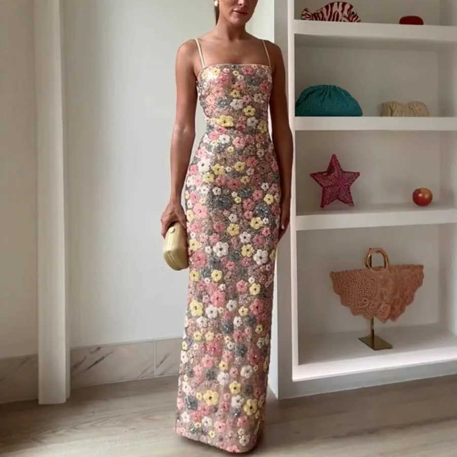 Summ Women Flowers Sequin Patchwork Slim Party Long Dress Strapless Fashion Maxi Dress Sexy Sleeveless Ladies Dress Vestidos X260306