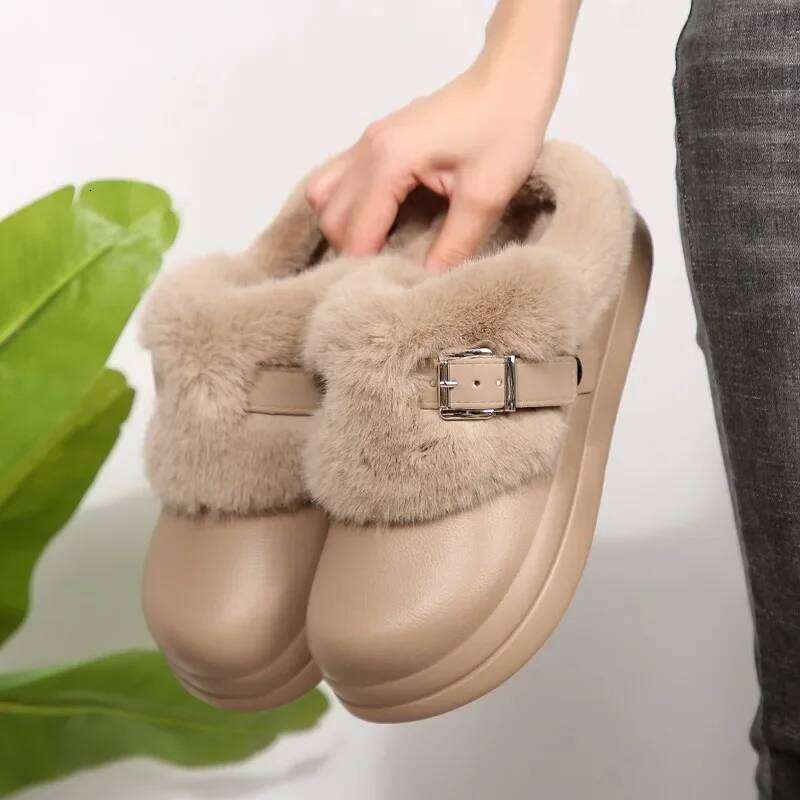2025 Winter New Plush Waterproof Women's Warm Slippers Outdoor Non slip Leisure Cotton Dragging