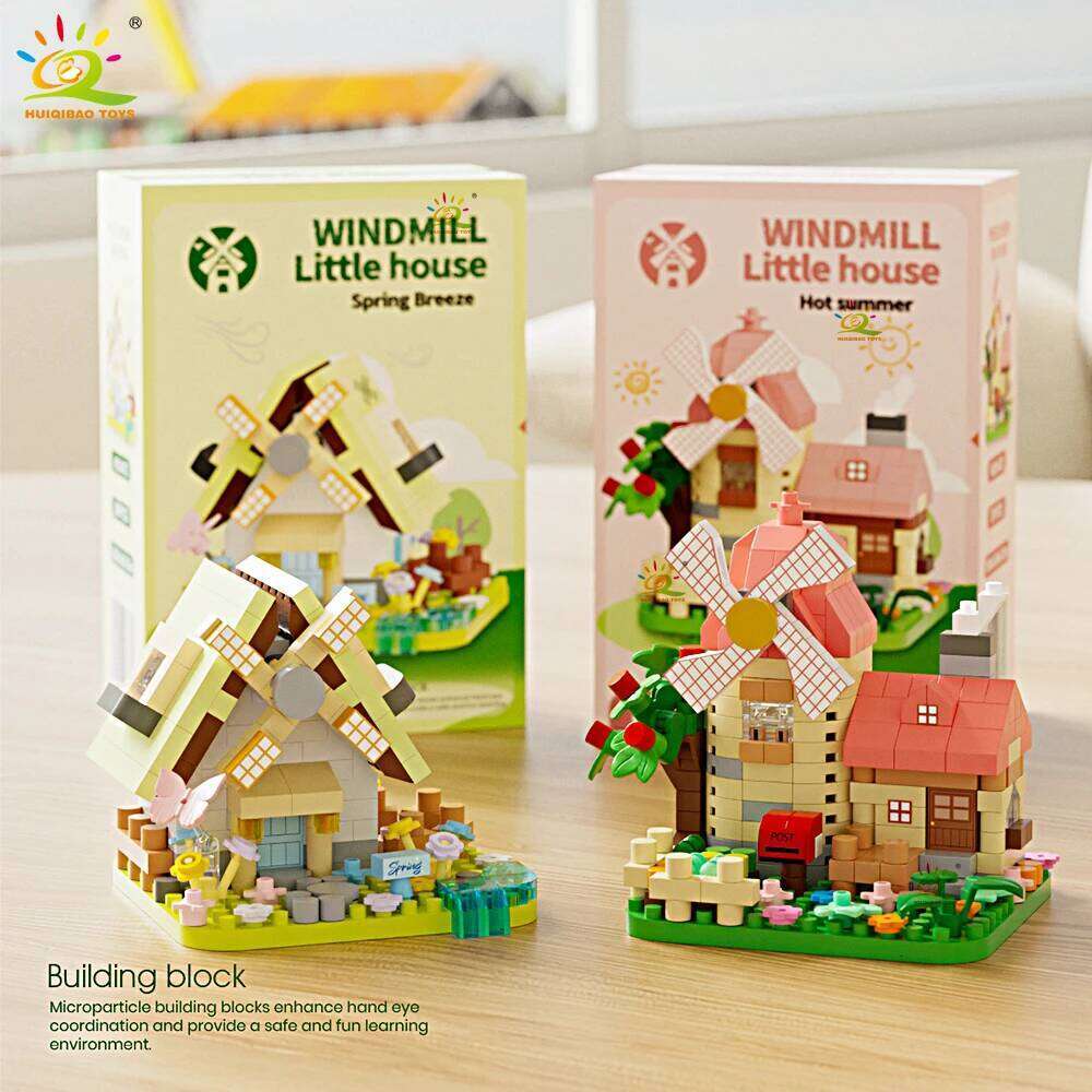 HUIQIBAO Cute MOC Windmill House model Micro Building Block Street View Model Mini Brick Toy for Children Desk Home Decoration Z260306