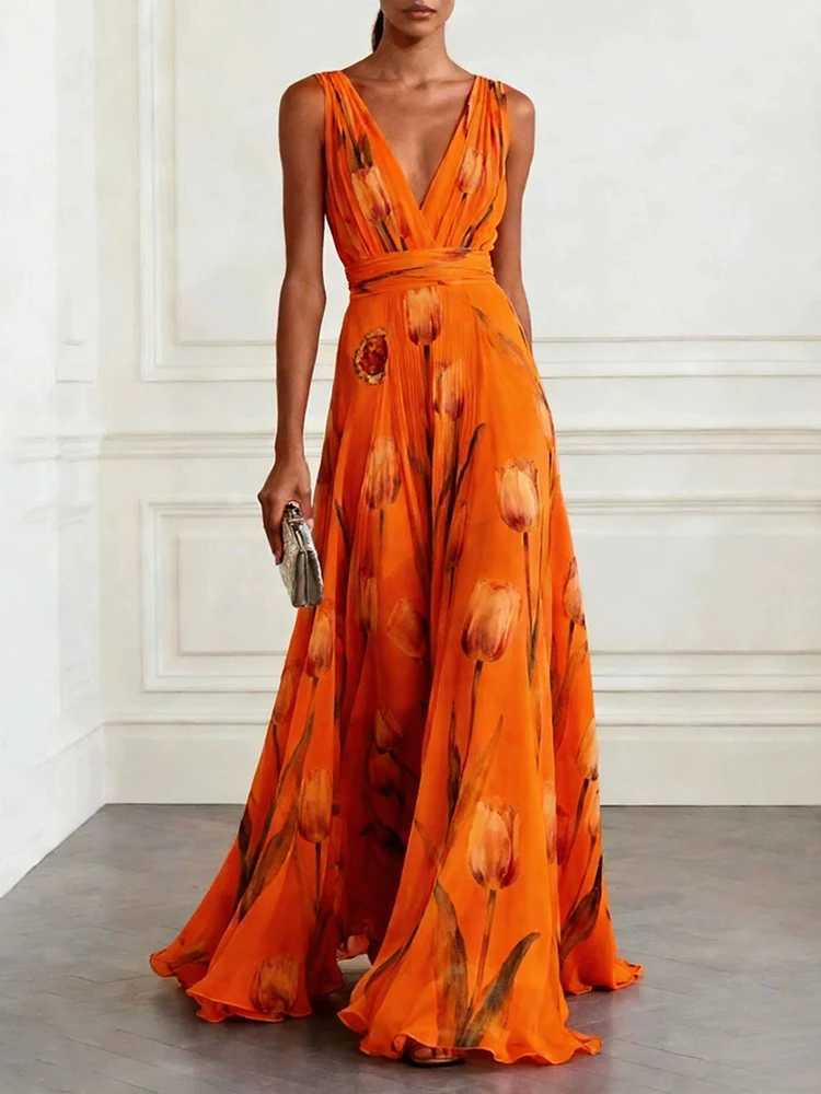 2026 New Elegant High Waist Pleats Robe Dress Summer Flower Print V-neck Holiday Dress Sexy Sleeveless Chiffon Women Party Dress X260306