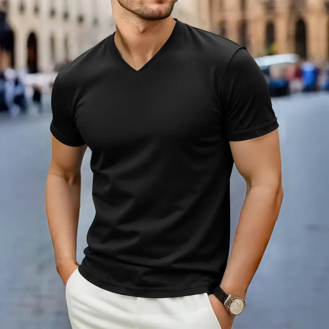 Mens Casual Fashion Simple Vneck Short Sleeved Tshirt Summer Comfortable Breathable Versatile Top 260302