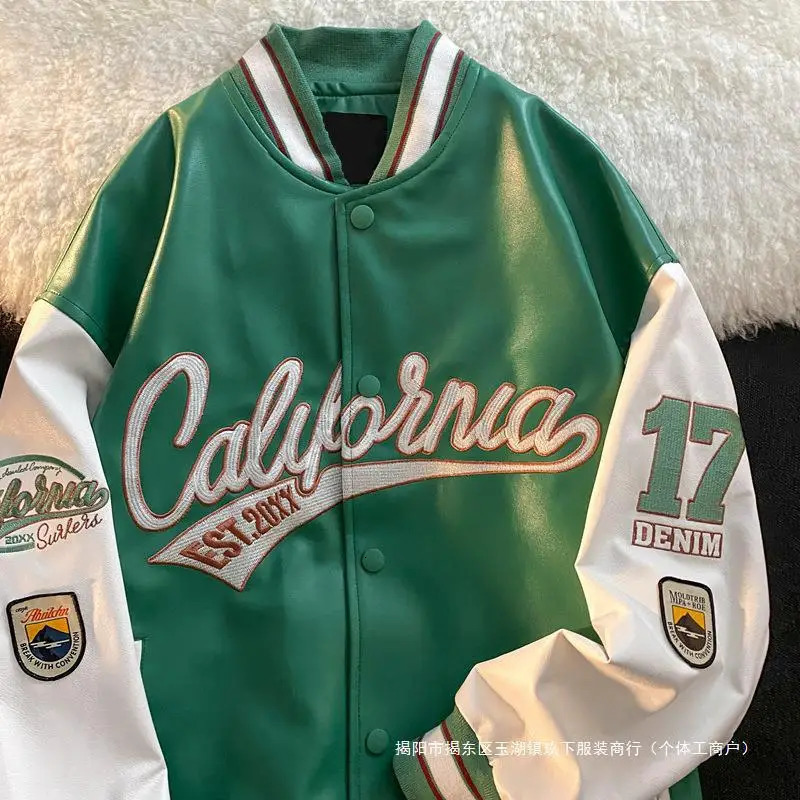 Mens Baseball Jacket Spring Autumn Style Advanced Feeling Handsome Embroidery Pilot PU Leather Patchwork Color Block Jacket 260306