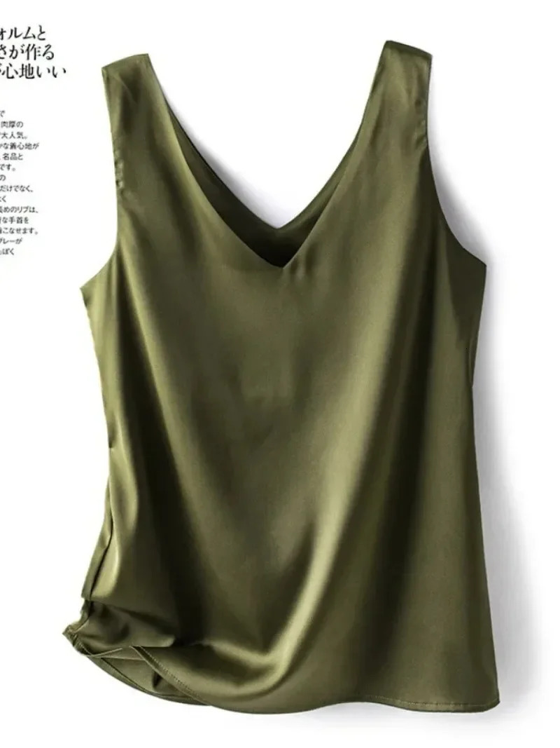 Woman T-shirts Elegant SILK Satin Blouse Sleeveless Female Summer Casual Loose Tanks and Camis Solid Green Tops for Women 260306