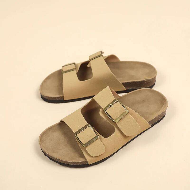 Women's Flat Outdoor Beach Casual Man Sliders Thick Leather Cork Sole Sandals and Slippers