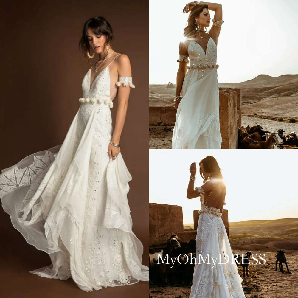 2019 Bohemian Dresses Spaghetti Lace Hand Made Flower Applique Chiffon Backless Bridal Gowns Plus Size Country Mermaid Wedding Dress D0306