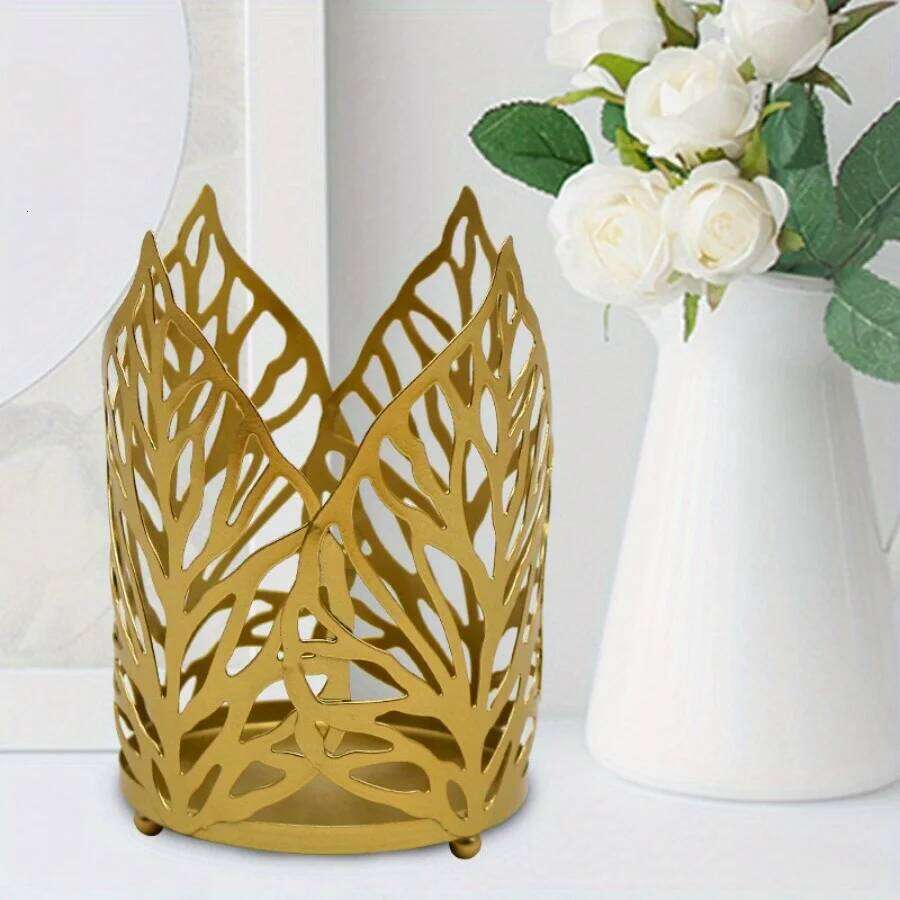 1Pc Nordic Wrought Iron Gold Distressed Hollow Leaf Holders Home Decor Candle Holder Ornaments Wedding Props Handicrafts XJ260305