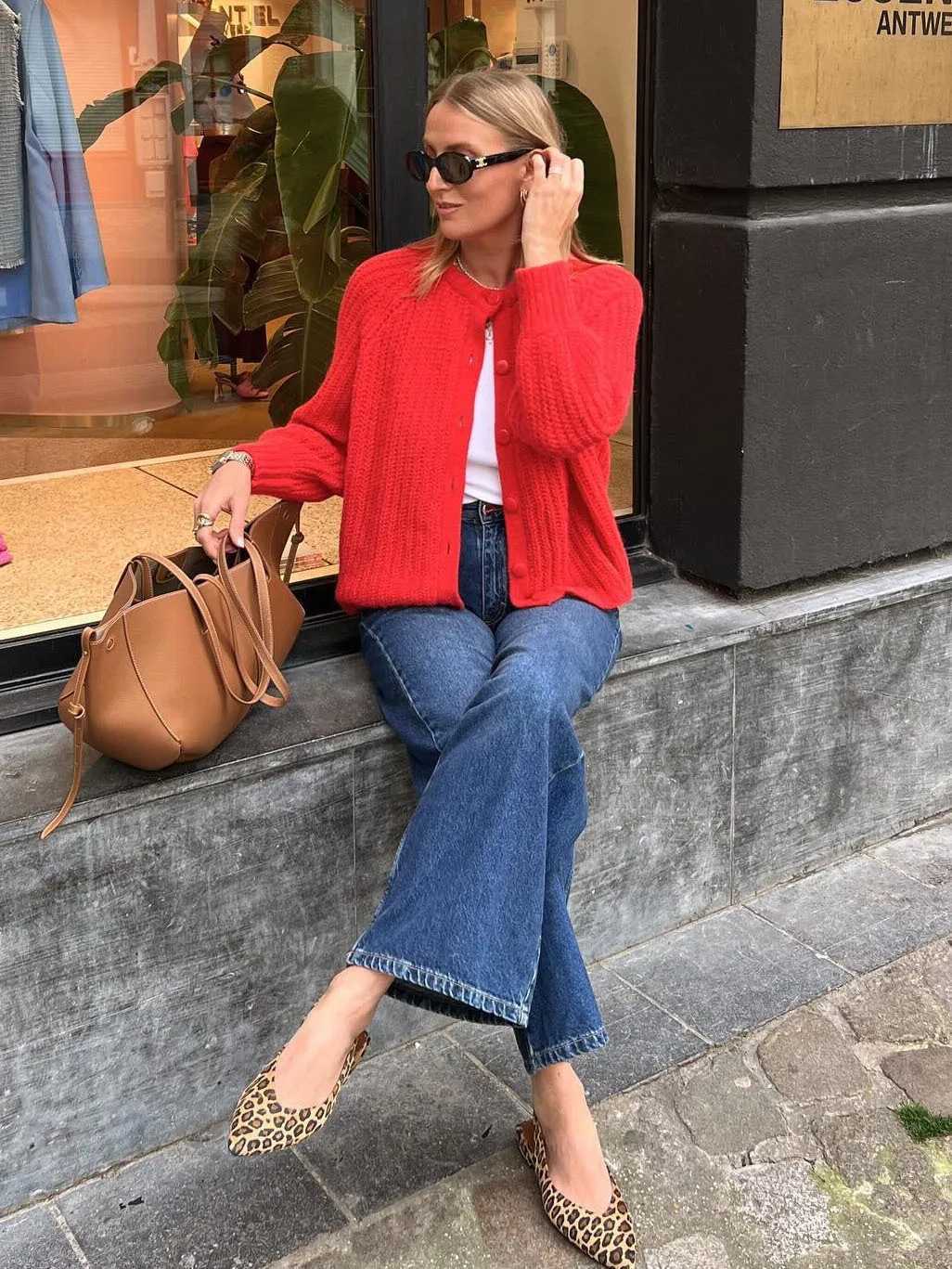 Women O-neck Single Breasted Cardigan Knitted Sweater Coat 2025 Autumn Winter Casual Long Sleeve Red Warm Sweater Tops Clothes M260306