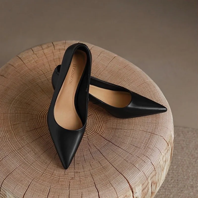 Women Low Price Soft Leather 5cm Thin Heels Pumps Brown Black Elegant OL Office Pointy Toe Slip-On Null Comfortable Shoes 43-34 260303