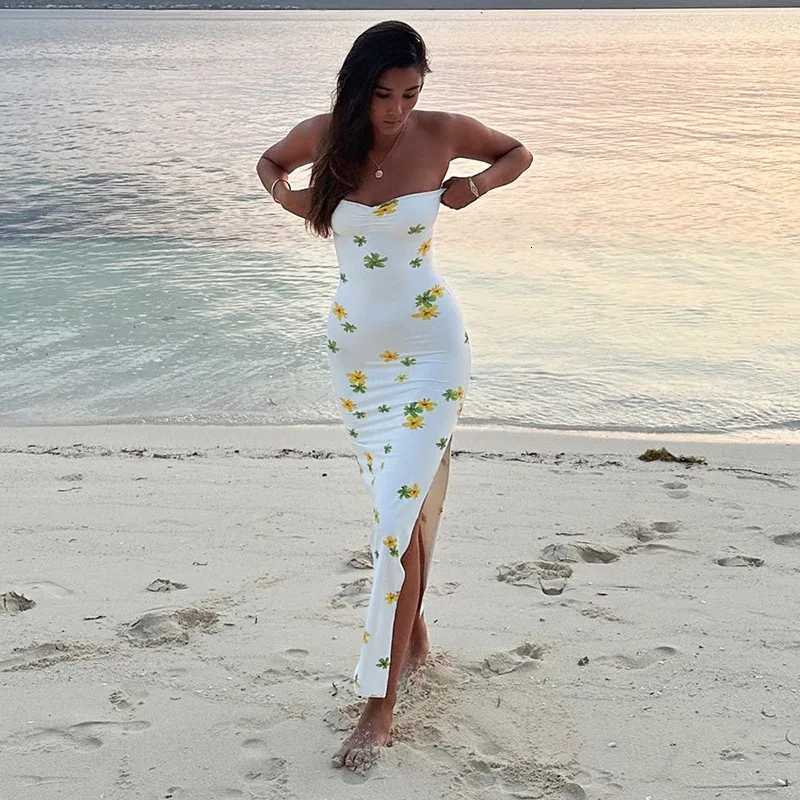 Euro-american Vacation Sexy Wrap Dress Slit High WaistSlim Temperament Printed SkirtChest Bound And Slit In 2024 X260306