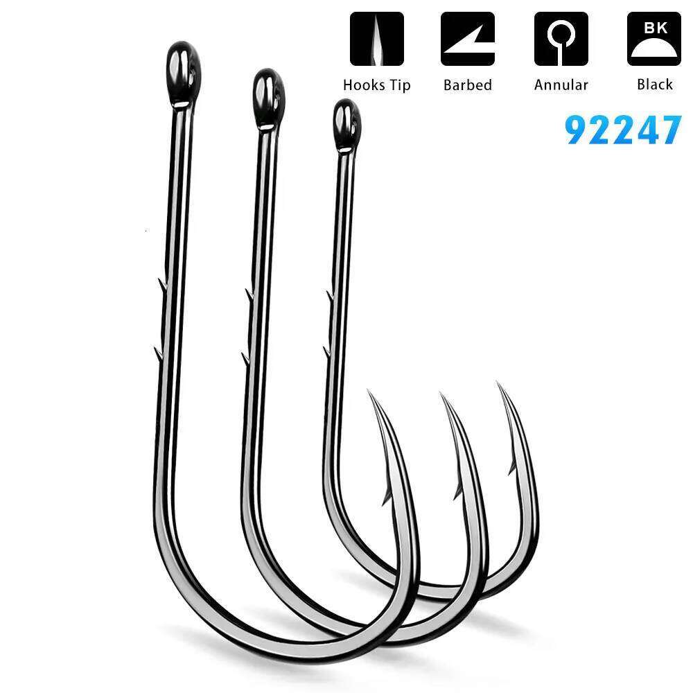 Lot 50pcs Baitholder Fishing Hooks High carbon steel Black fishhook Barbed Annular Sharpened Tip Jig Big Hook Saltwater 4#-9/0# S260305