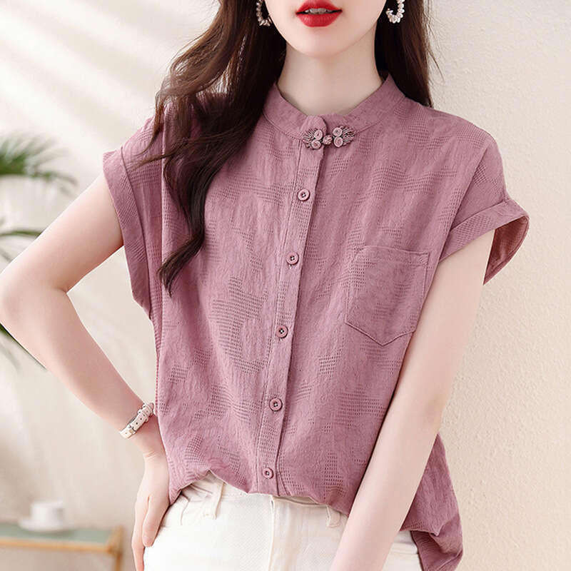 Women Solid Color Summer Chinese Style Retro Pure Cotton Short Sleeve Blouses Fashion Stand Collar Pocket Single-breasted Shirts New Chinese Style top