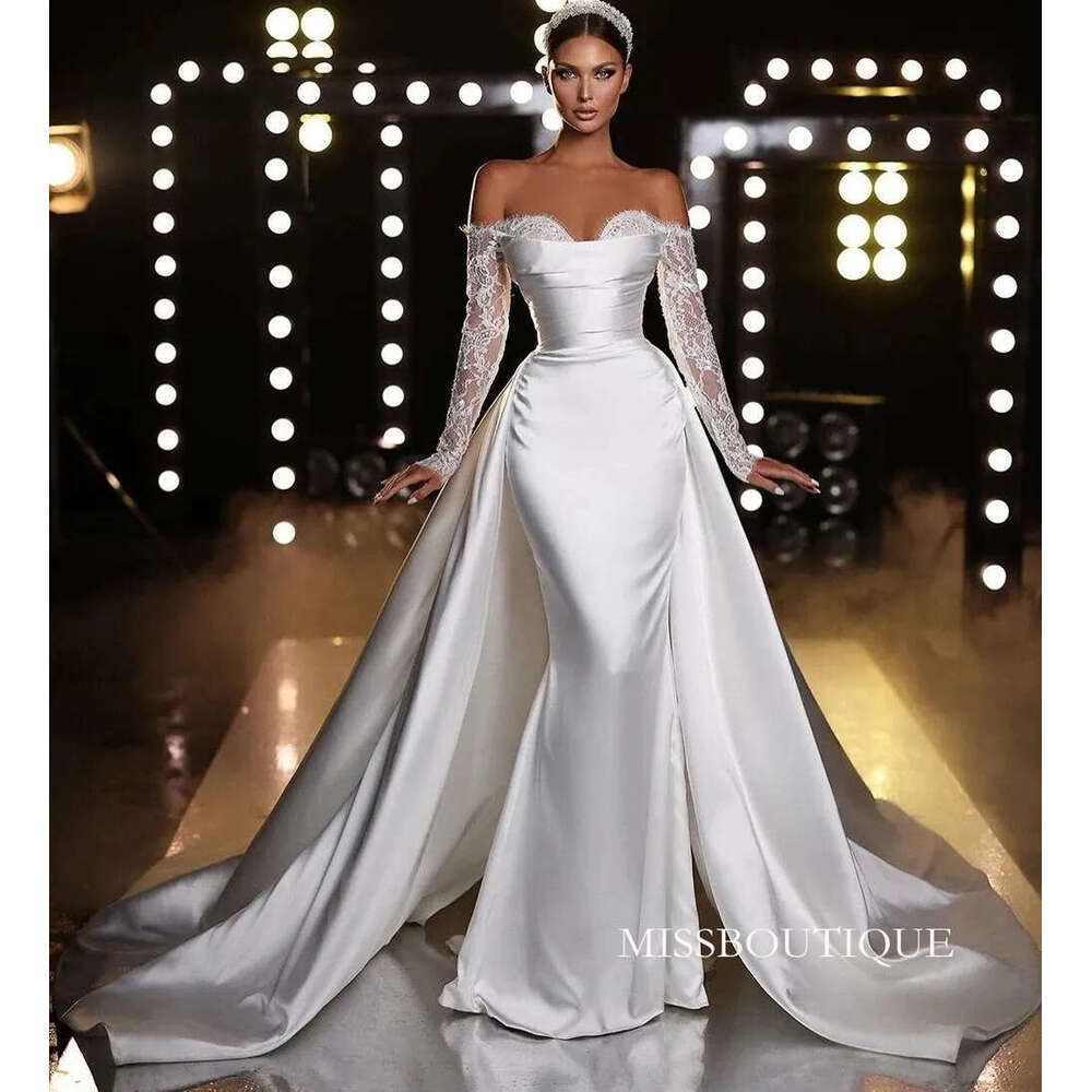 2024 Modern Wedding Dress Detachable Train Off Shoulder Long Sleeves Sweetheart Mermaid Bridal Gowns Vestido De Novia Custom Made D0306