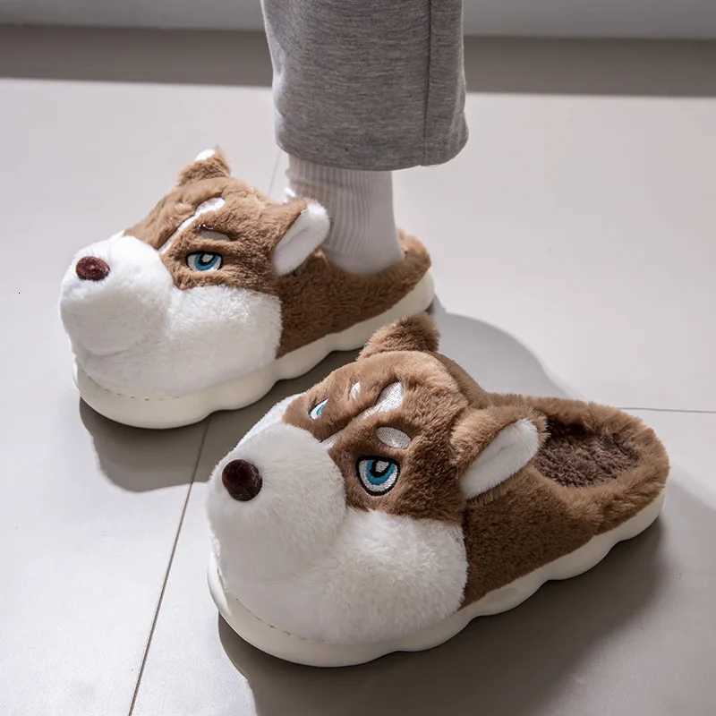 Men Home Cotton Slippers Cute Cartoon Dog Winter Warm Shoes For Couples Soft Plush Anti-slip Male Female Indoor Fluffy Slides S260305