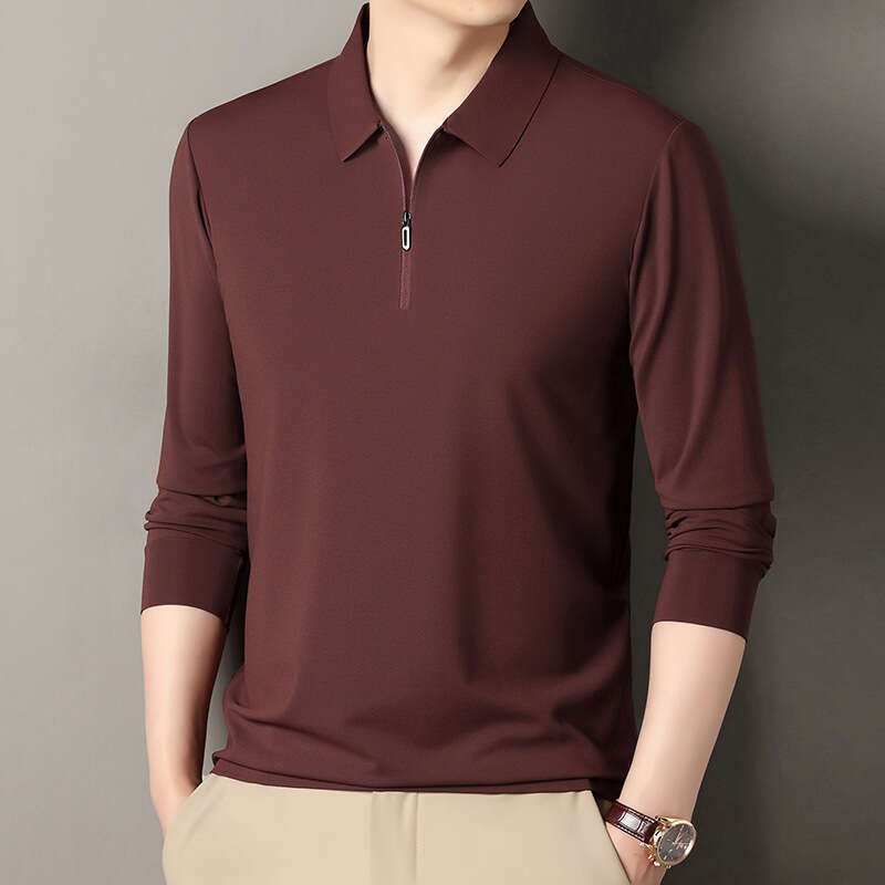 2025 New Spring and Autumn Seamless Long-Sleeve Polo for Men, High-End Business T-Shirt, Trendy Turn-Down Collar Base Shirt