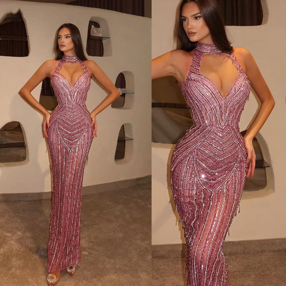Gorgeous Evening Dresses Mermaid Halter Beads Prom Dresses Backless Celebrity Party Gown Customized Vestido De Novia