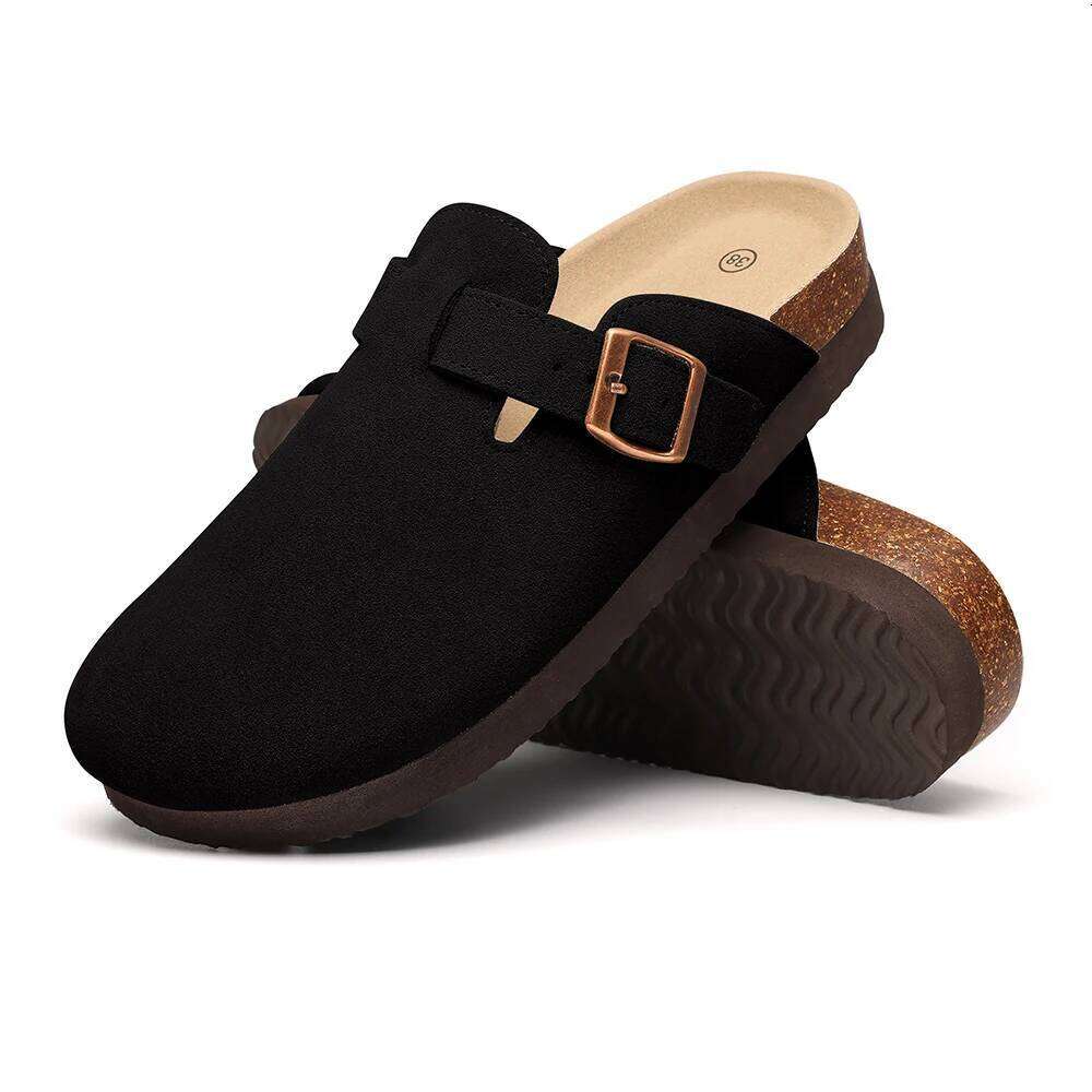 LItfun Fashion Comfy Leather Cozy Cork Mules Soft Insole Clogs Sandals With Adjustable Buckle